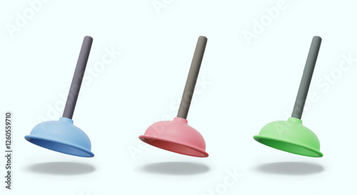 Set of realistic pistons of different colors. Home tool, plunger for cleaning clogged sewer pipes. Device for kitchen, bath, toilet. Vector isolated elements on white background