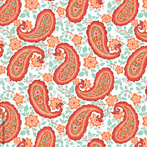 Red and Blue Folk Floral Paisley Pattern Design