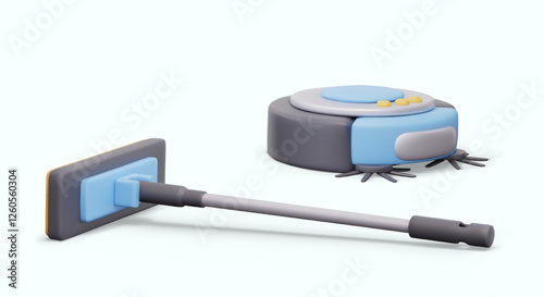 Realistic mop, robot vacuum cleaner with sweeping brushes. Detailed vector templates on white background. Isolated templates for concepts of different methods of cleaning