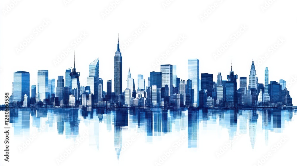 custom made wallpaper toronto digitalMinimalist New York city skyline silhouette in blue and white, featuring iconic landmarks for commercial use.