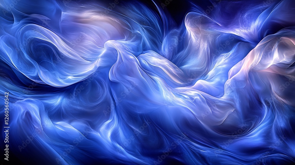 Obraz premium Abstract swirling blue light forms elegantly dance across dark background creating ethereal mood. AI Generated