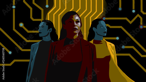 Happy women day feminist card concept. Vector flat person modern illustration set. Group of various ethnic woman holding hands in row on world map background. Design for international holiday banner.