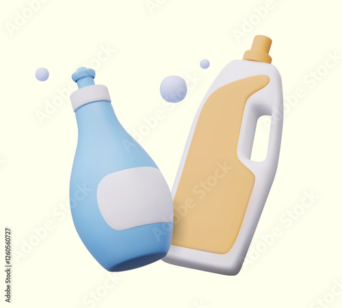 Realistic plastic bottles with empty label, soap bubbles. Liquid detergent packaging mockup. Large model with handle, template with dispenser. Cute composition for advertising