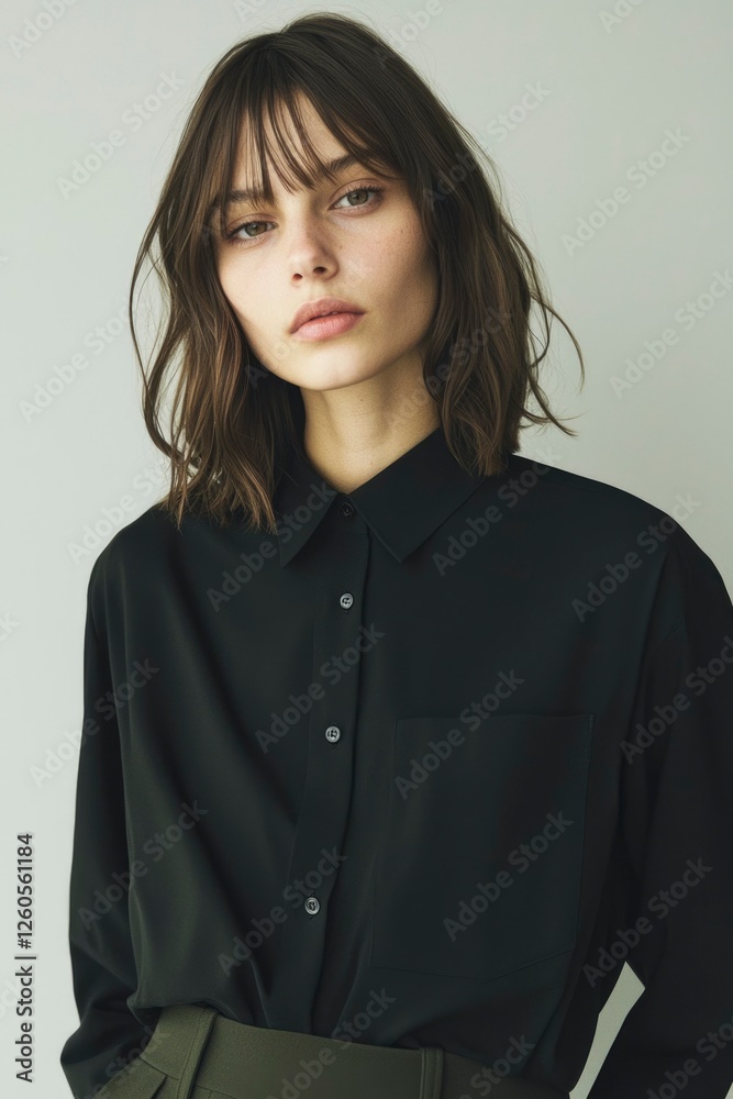 Woman posing in black shirt, inside a studio with neutral background, fashion shoot Woman posing in black shirt, inside a studio with neutral background, fashion shoot