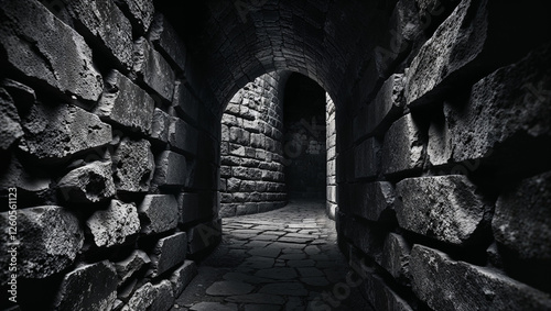 Dark medieval stone tunnel background with ancient textured walls leading into a mysterious and eerie passageway ideal for fantasy gothic and historical themes