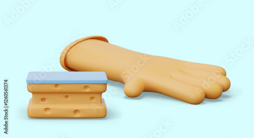 Rubber glove, sponge with surfaces of different hardness. Vector composition on blue background. Group of elements for manual cleaning concepts. Wiping, scraping off dirt