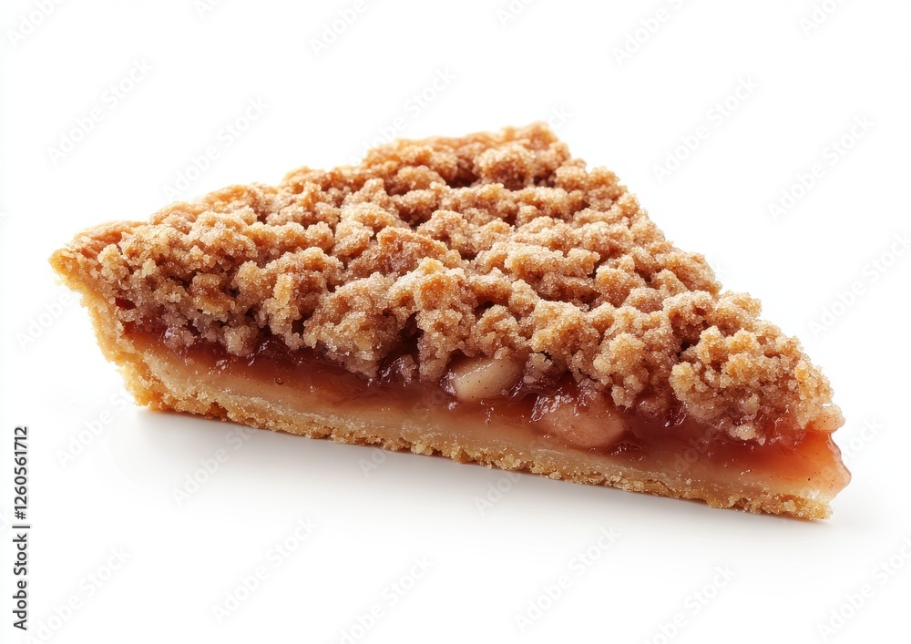 Delicious slice of apple pie with crumbly topping arranged on a white background showcasing a tempting dessert ideal for food photography and culinary uses. Delicious slice of apple pie with crumbly topping arranged on a white background showcasing a tempting dessert ideal for food photography and culinary uses.