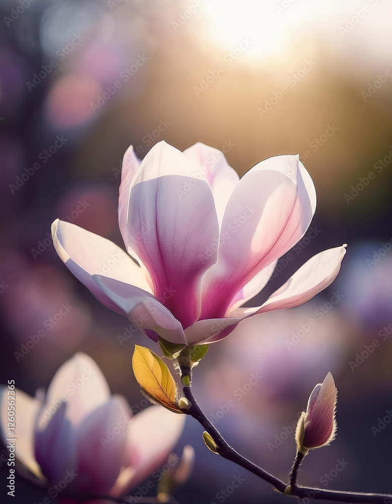 Fototapeta premium Magnolia blossoms opening to sunlight during springtime in a tranquil garden