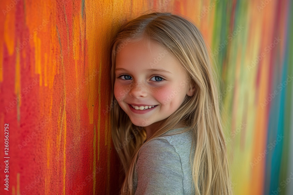 Fototapeta premium Smiling brightly, a blonde girl stands next to a rainbow-colored wall, her cheerful look enhancing the playful vibe.