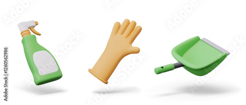 Plastic spray bottle with blank label, rubber glove, scoop. Isolated models for online cleaning concepts in 3D cartoon style. Cute icons on white background