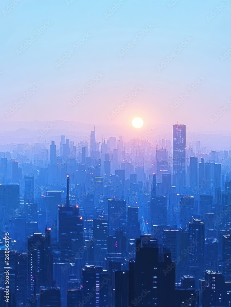 A blue cityscape skyline with a hazy sun rising behind the buildings. A blue cityscape skyline with a hazy sun rising behind the buildings.