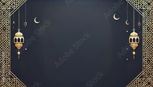 Dark blue background with gold patterns, a central crescent moon and star, and two hanging gold-accented lanterns. Islamic background and wallpaper