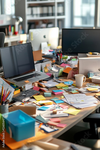 Chaotic open-plan office with stressed employees, messy corporate workspace, people working at cluttered desks, business casual workers searching through paper piles