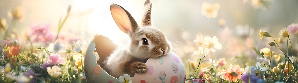 Fototapeta premium Cute Easter bunny hatching from egg