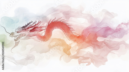 traditional Chinese dragon gracefully flows through colorful smoke, symbolizing power and wisdom. intricate design showcases vibrant hues and delicate lines, evoking sense of mystique and cultural