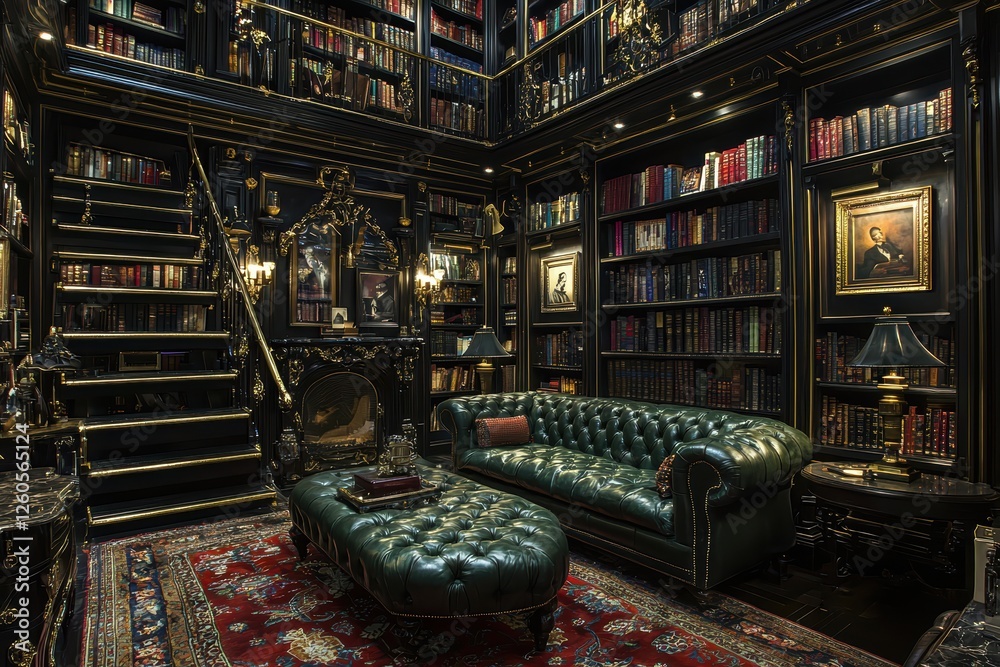 Naklejka premium Victorian-inspired study with dark oak bookshelves elegant home library cozy atmosphere interior design high fidelity