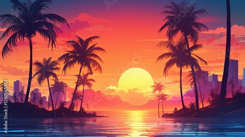Vibrant Cityscape Sunset in Neon Colors