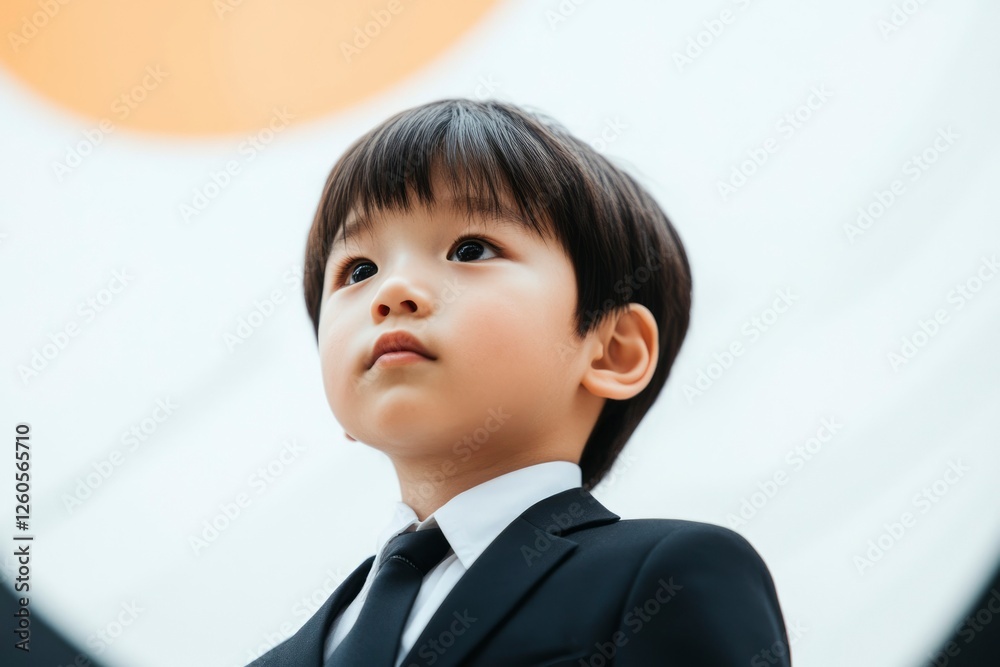 Young boy poses in suit, looking upwards with geometric backdrop, for education Young boy poses in suit, looking upwards with geometric backdrop, for education