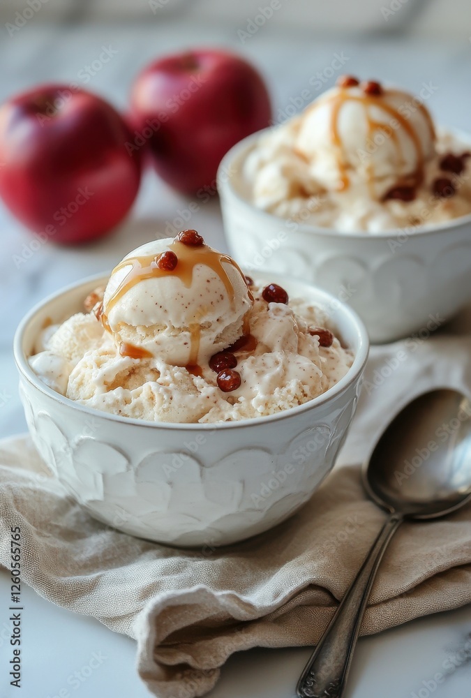 Delicious vanilla ice cream topped with caramel sauce and red apple slices in elegant bowls on marble surface showcasing a tempting dessert scene