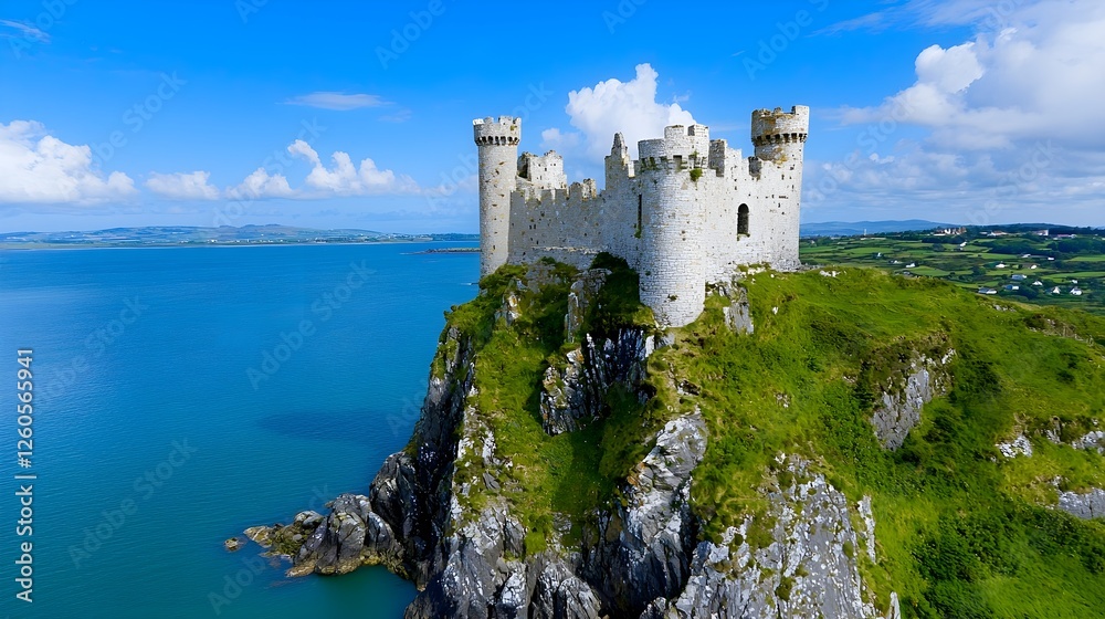 A scenic view of a medieval castle perched on a rocky cliff, surrounded by serene waters and lush greenery under a bright blue sky. A scenic view of a medieval castle perched on a rocky cliff, surrounded by serene waters and lush greenery under a bright blue sky.
