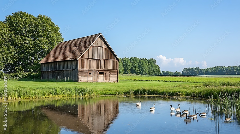 Rustic barn reflects in pond, geese swim, sunny field backdrop. Ideal for rural, nature themes Rustic barn reflects in pond, geese swim, sunny field backdrop. Ideal for rural, nature themes