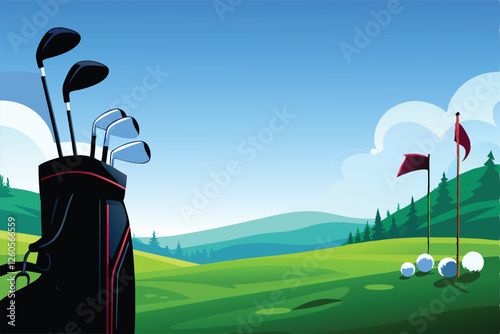 Create a vibrant vector illustration of a golf course scene featuring golf clubs, balls, flags, and a picturesque landscape background.