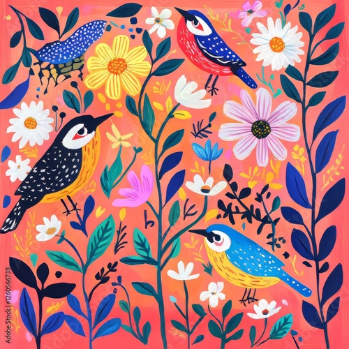 Wallpaper Mural Vibrant Birds and Flowers on Pink Background Torontodigital.ca
