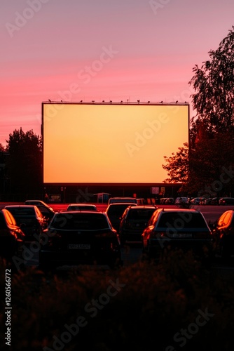 Sunset at drive-in theater as cars watch the blank screen, ready for the show