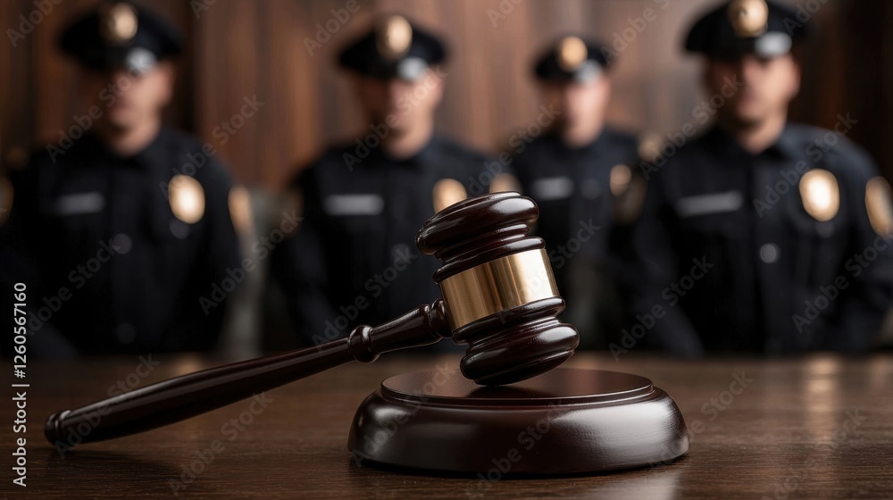 Gavel on the Table with Police Officers in the Background Gavel on the Table with Police Officers in the Background
