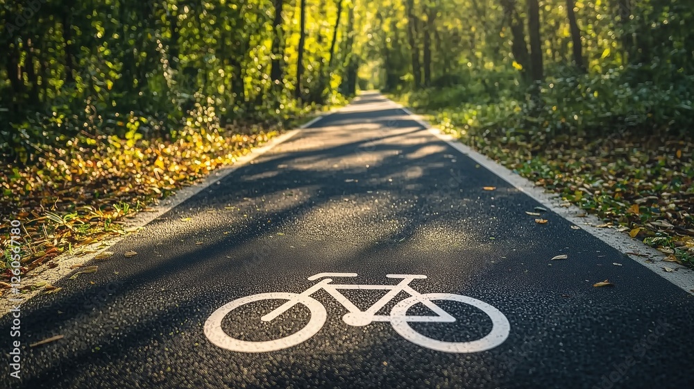 Obraz premium A peaceful bike path winds through a lush, sunlit forest, inviting tranquility and adventure.