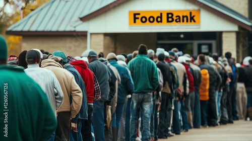 People stand in line outside a food bank, highlighting community need and support.