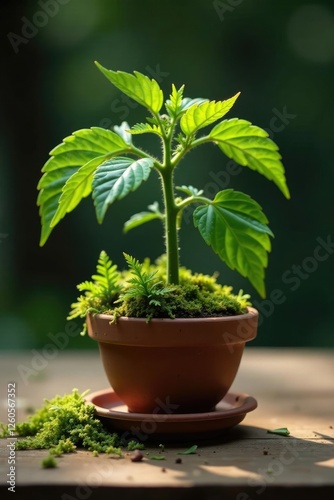 A small potted tomato plant with moss and ferns around it on a wooden table, plantspot, plantdecor photo