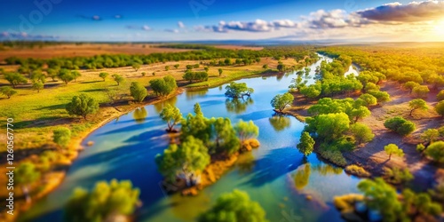 Cinematic Aerial Tilt-Shift: Outback Queensland Billabong, 4K photo