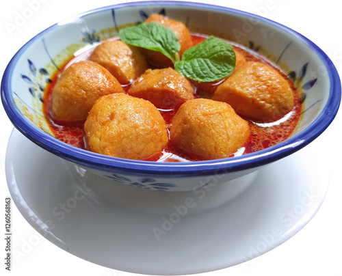 Spicy curry meatball fish ball soup in bowl with plate, cutout isolated blank background.
