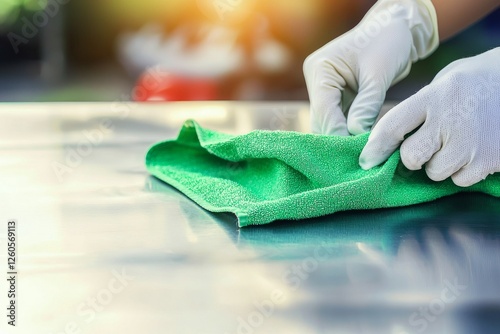 A hand wearing protective gloves and holding a rag is cleaning kitchen equipment in a professional kitchen