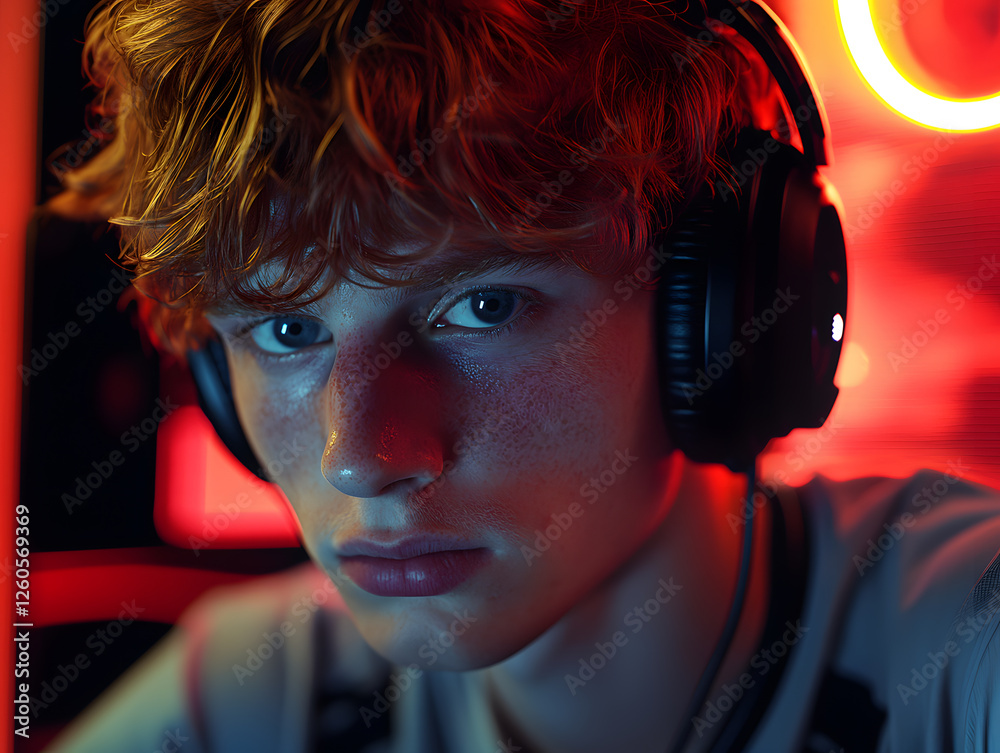Teen boy with curly red hair focuses intently while wearing headphones and surrounded by colorful lights Teen boy with curly red hair focuses intently while wearing headphones and surrounded by colorful lights