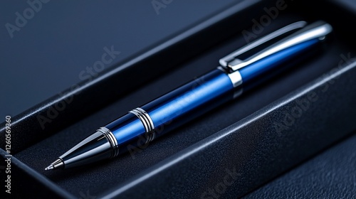 Blue pen in gift box, dark background, close-up product shot for marketing photo