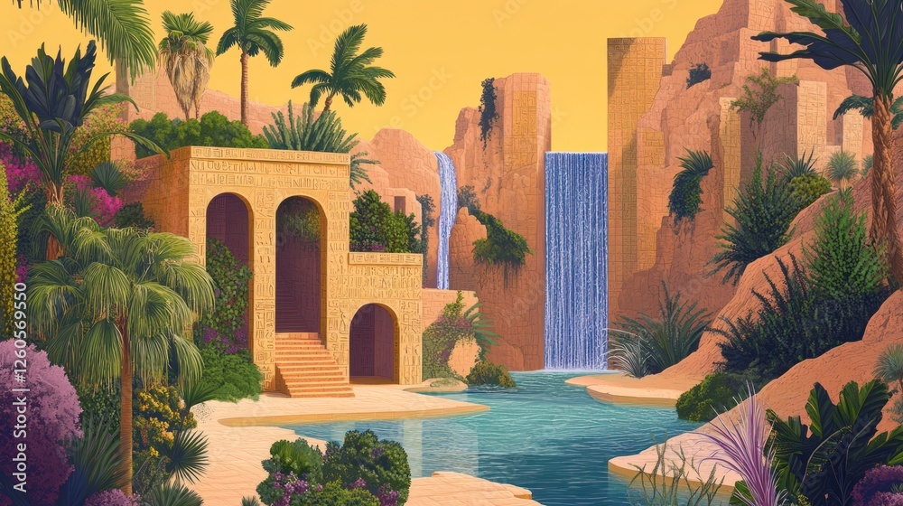 Fototapeta premium Oasis waterfall desert sanctuary calm landscape