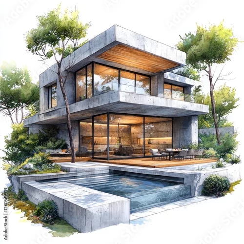 Fototapeta Modern house sketch with trees, showcasing conceptual architectural design.