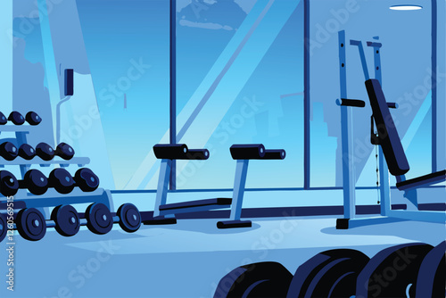 Create a vibrant vector illustration of a gym scene, featuring various weights, dumbbells, and exercise equipment.  Include realistic details and dynamic composition.
