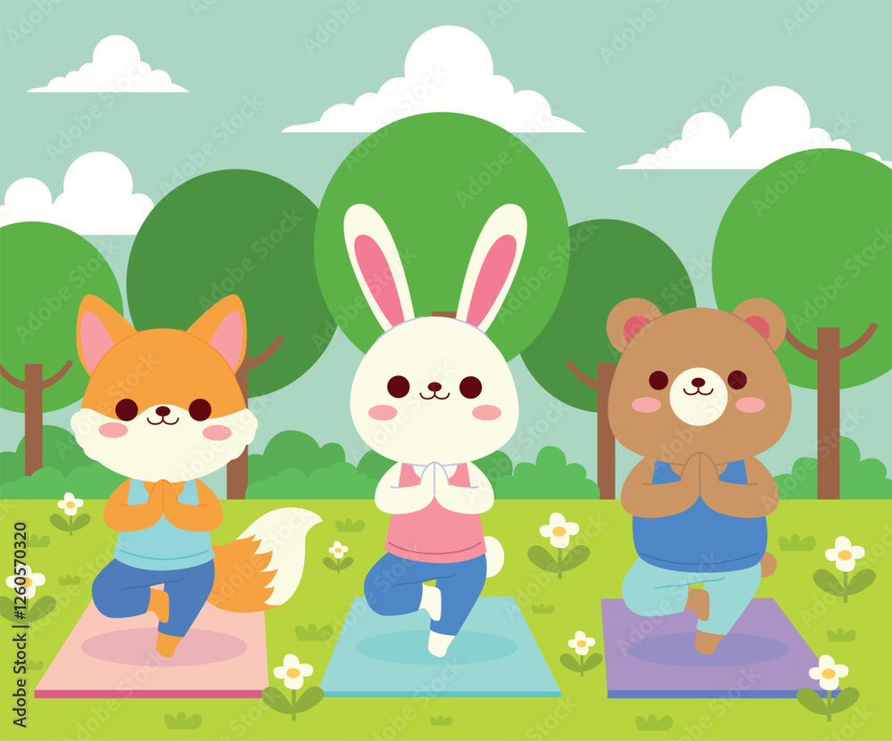 Naklejka premium Yoga Animals do yogaRabbit Fox Bear Exercises in nature Vector illustration