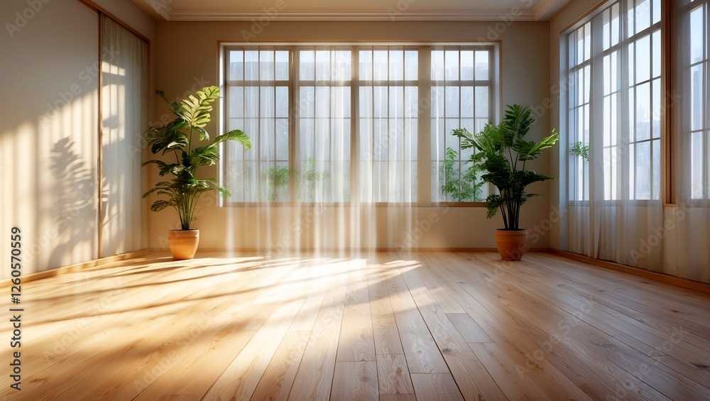 Bright and airy room with wooden floors and plants Bright and airy room with wooden floors and plants