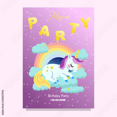 Cute Hand drawn sleeping unicorn scene card template for birthday party with rainbow clouds and night