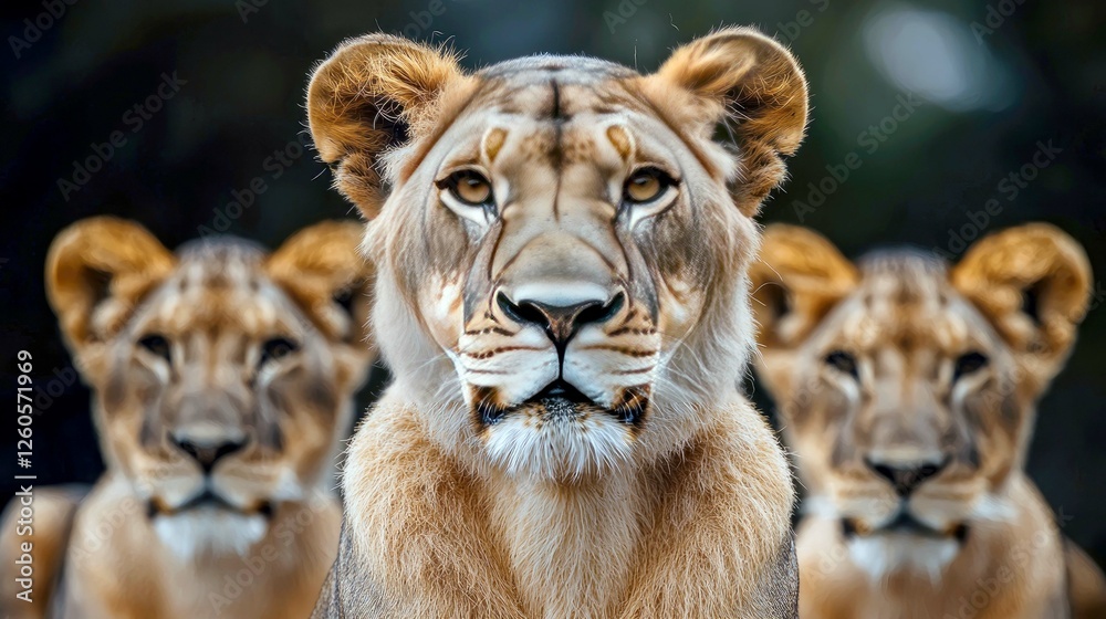 Obraz premium Magnificent Lionesses: A Close-Up Portrait of Three Majestic Queens in their Natural Habitat