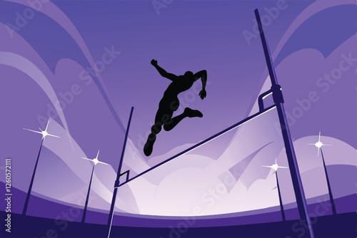 Create a vector illustration of a high jump event, showing the bar, landing pads, and a stylized dynamic athlete in mid-jump.  Focus on clean lines and vibrant color.