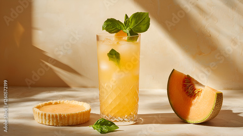 Refreshing melon cocktail with tart and basil garnish on a sunny table, perfect for summer vibes.