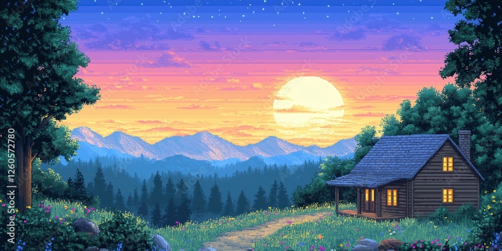 Fototapeta premium Pixel Art Peaceful Sunset Landscape with Cabin and Mountains Under Starry Sky