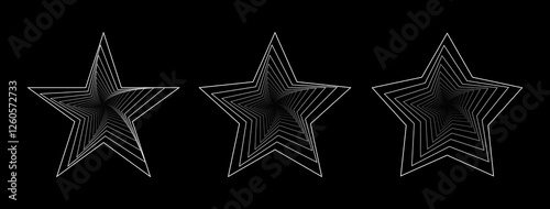 Black and white abstract twisted wireframe tunnel with lines in the form of a star. Five pointed star composition ideal for for modern, futuristic, and digital art themes. Trendy vector illustration 