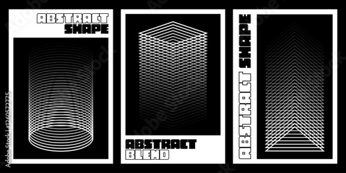 Bold black and white abstract geometric posters featuring blended lines and shapes that create depth and illusion. The composition consists line circles, squares and triangles. Vector  illustration