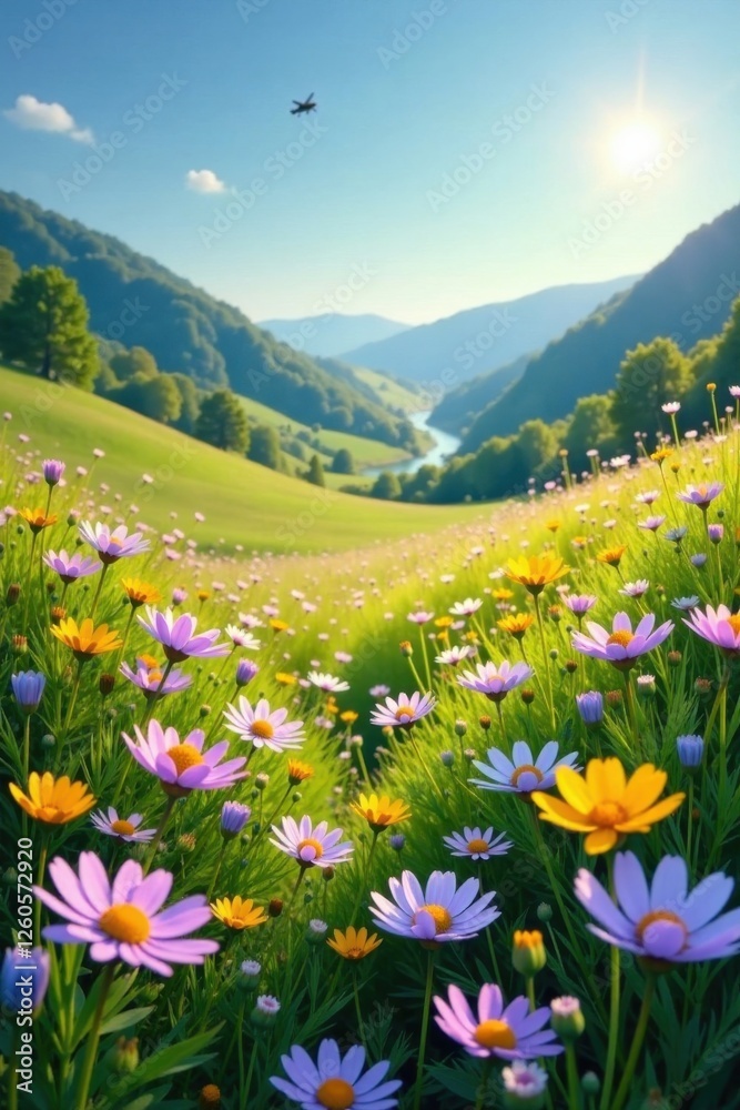 Obraz premium Serene Meadow Landscape Featuring Vibrant Wildflowers Under a Sunny Sky with a Distant Aircraft